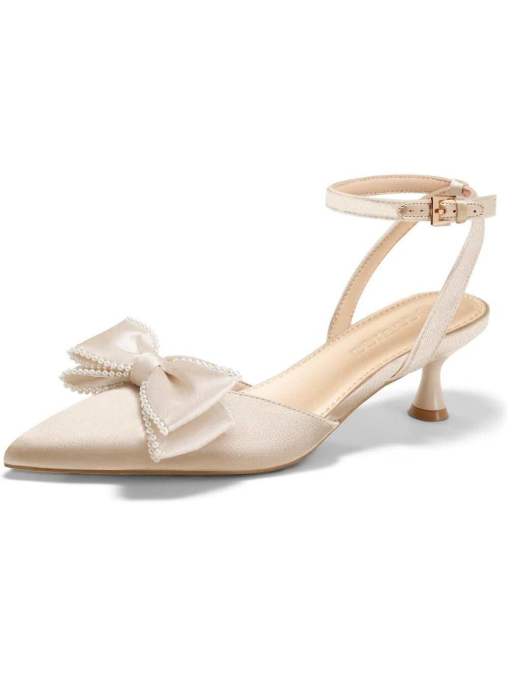 Women's Gold Satin Kitten Heels Bow Pearl Closed Pointed Toe Pumps Ankle Strap